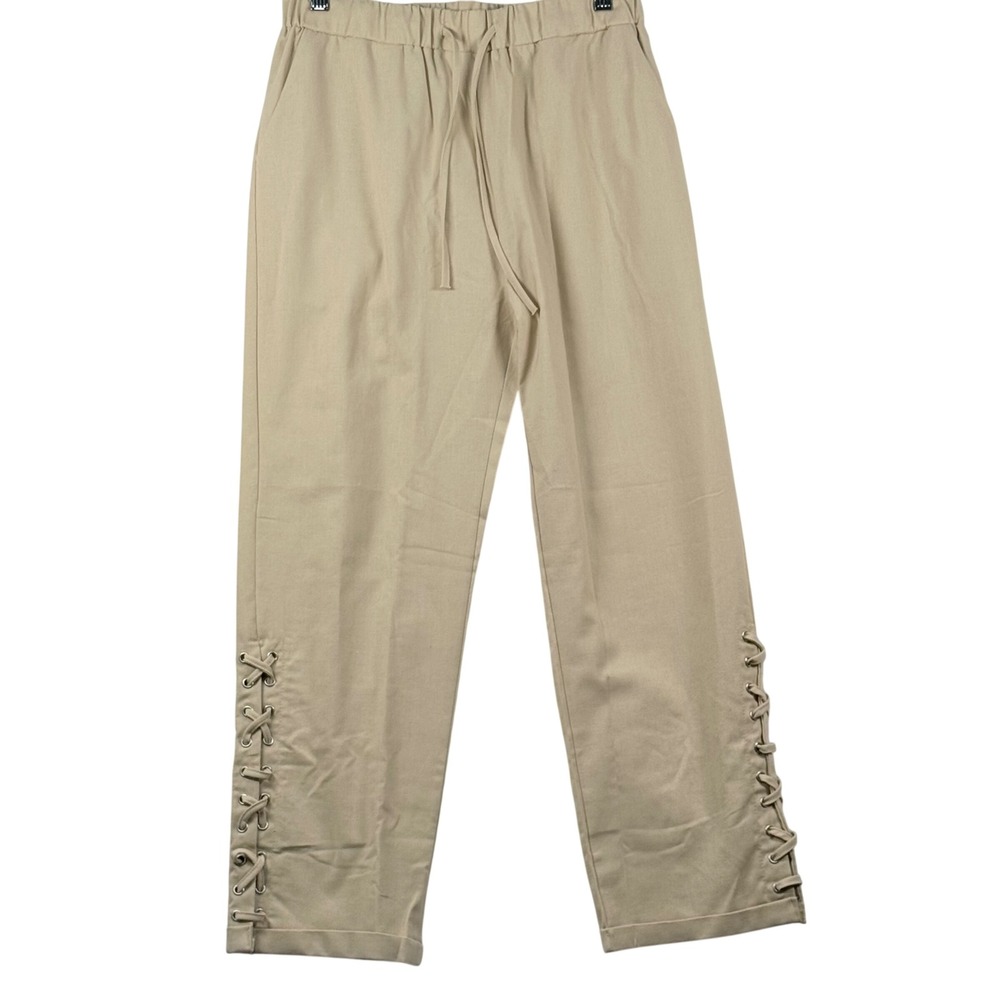 Beige M Linen Viscose Blend Wide Leg Pants‎ Lace Up Eyelet Boho Coastal Grandma